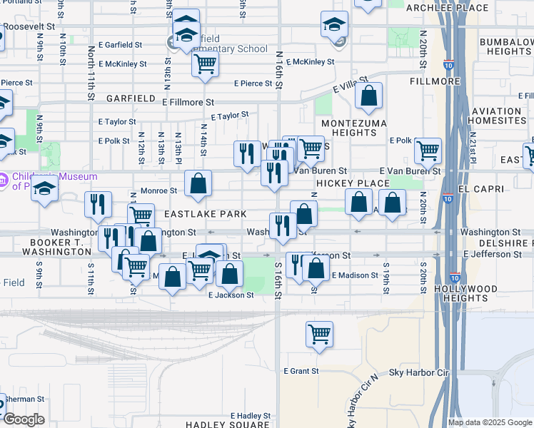 map of restaurants, bars, coffee shops, grocery stores, and more near 1533 East Adams Street in Phoenix