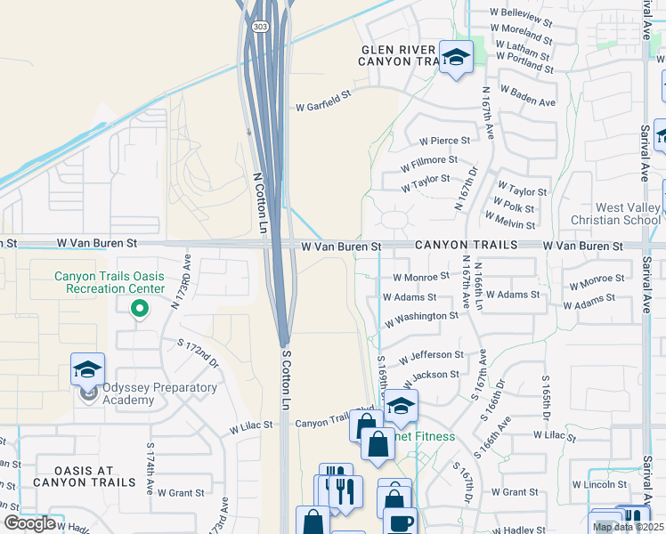 map of restaurants, bars, coffee shops, grocery stores, and more near 16928 West Adams Street in Goodyear