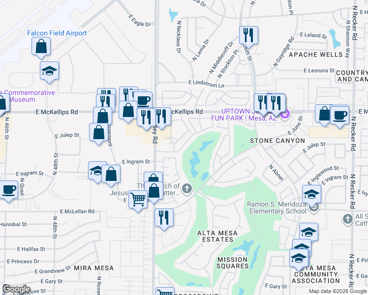 map of restaurants, bars, coffee shops, grocery stores, and more near 5250 East Ingram Street in Mesa