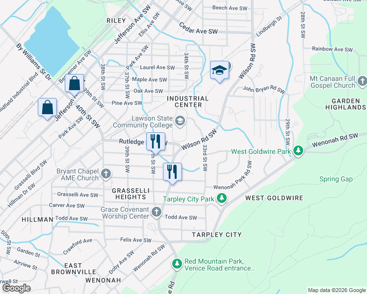map of restaurants, bars, coffee shops, grocery stores, and more near 3008 Wilson Road Southwest in Birmingham