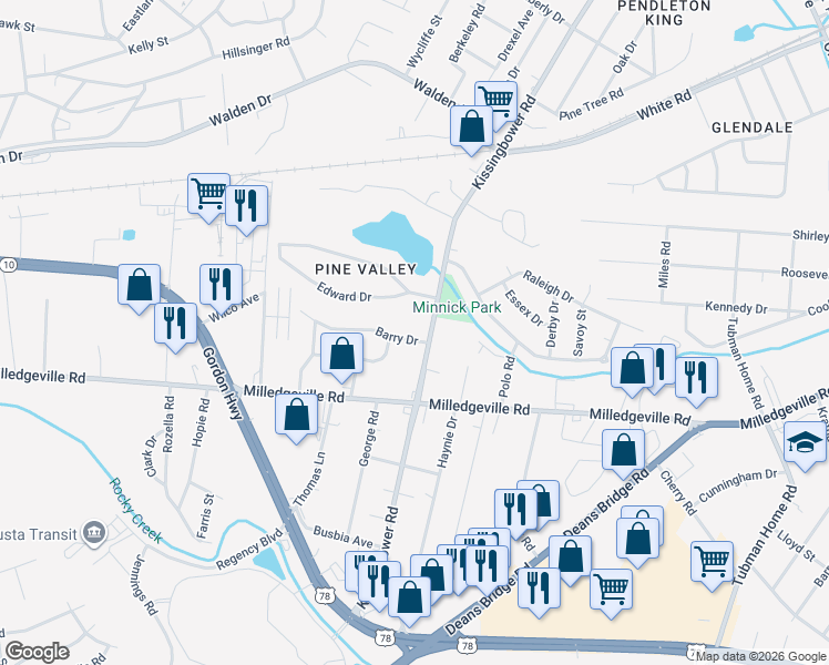 map of restaurants, bars, coffee shops, grocery stores, and more near 1873 Kissingbower Road in Augusta