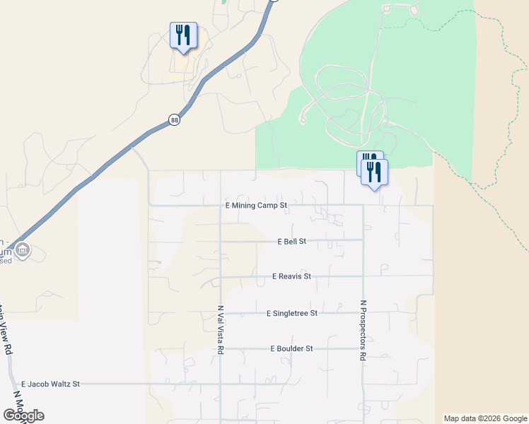 map of restaurants, bars, coffee shops, grocery stores, and more near 5372 East Mining Camp Street in Apache Junction