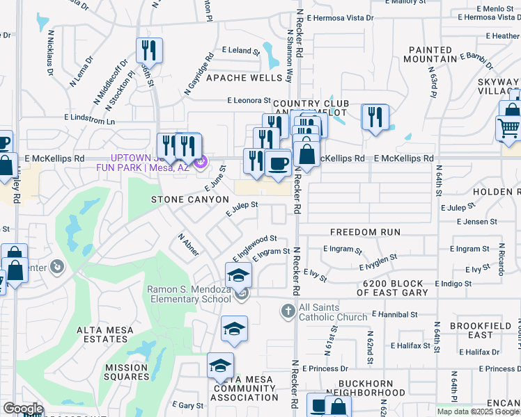map of restaurants, bars, coffee shops, grocery stores, and more near 5918 East Julep Street in Mesa