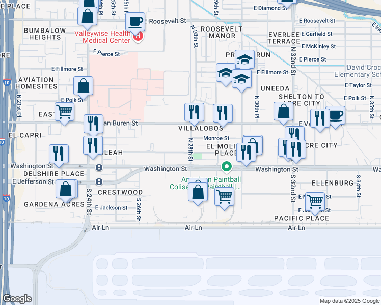 map of restaurants, bars, coffee shops, grocery stores, and more near N 28th St & E Adams St in Phoenix