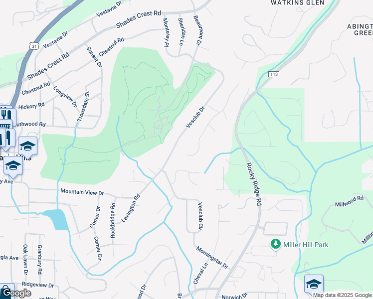 map of restaurants, bars, coffee shops, grocery stores, and more near 1741 Vestwood Hills Drive in Vestavia Hills