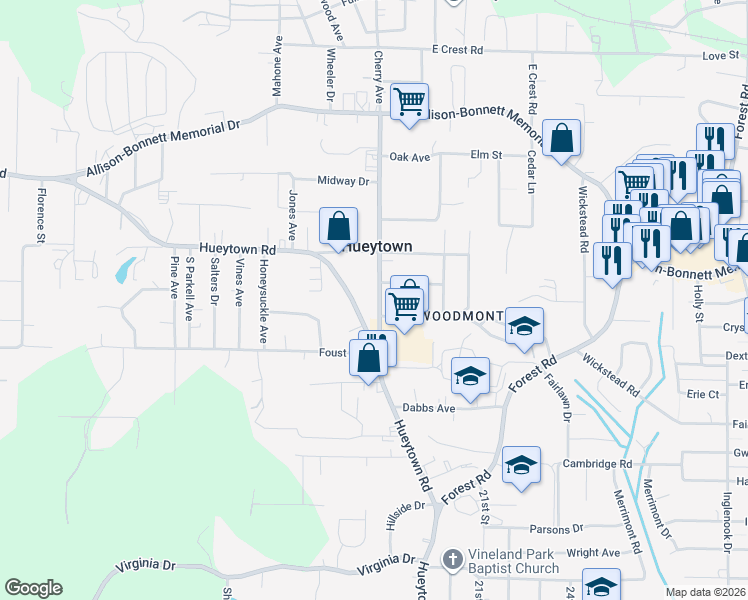 map of restaurants, bars, coffee shops, grocery stores, and more near 2017 High School Road in Hueytown