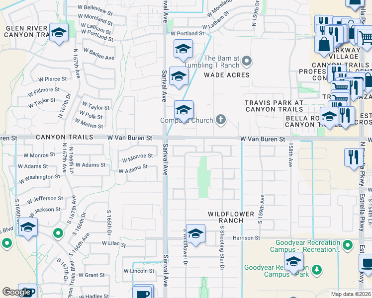 map of restaurants, bars, coffee shops, grocery stores, and more near 16206 West Woodlands Avenue in Goodyear