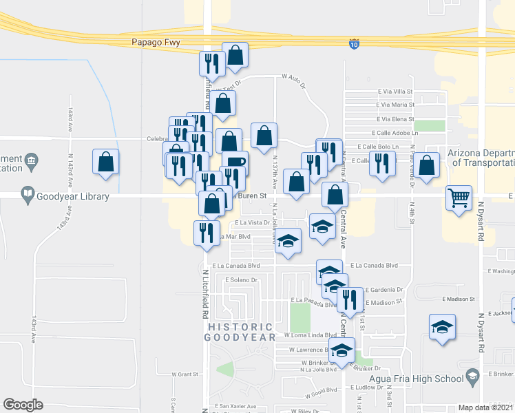 map of restaurants, bars, coffee shops, grocery stores, and more near 1322 North La Jolla Boulevard in Goodyear