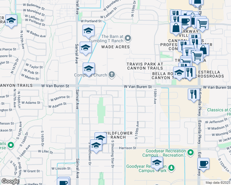 map of restaurants, bars, coffee shops, grocery stores, and more near 16038 West Woodlands Avenue in Goodyear