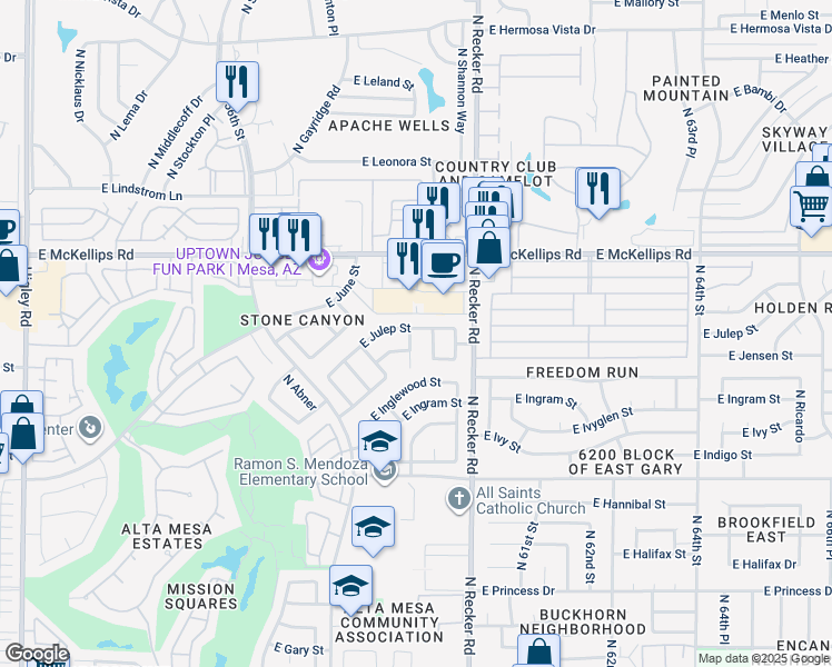 map of restaurants, bars, coffee shops, grocery stores, and more near 5918 East Julep Street in Mesa