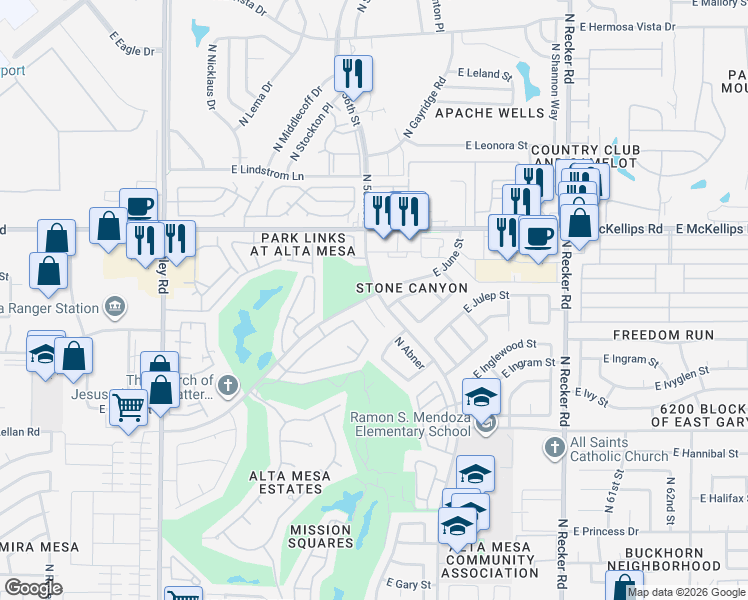 map of restaurants, bars, coffee shops, grocery stores, and more near 10 East June Street in Mesa