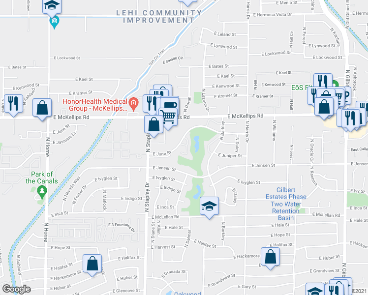 map of restaurants, bars, coffee shops, grocery stores, and more near 1310 East June Street in Mesa