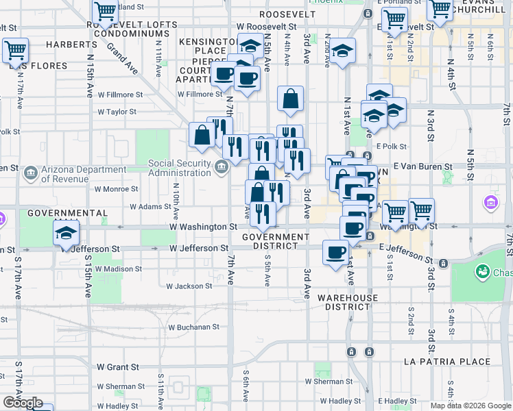 map of restaurants, bars, coffee shops, grocery stores, and more near 617 West Monroe Street in Phoenix