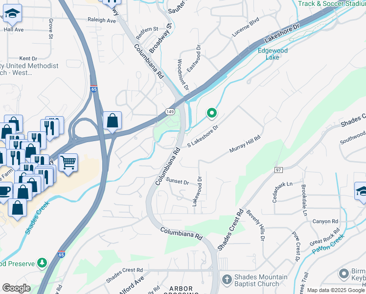 map of restaurants, bars, coffee shops, grocery stores, and more near 1301 Columbiana Road in Homewood