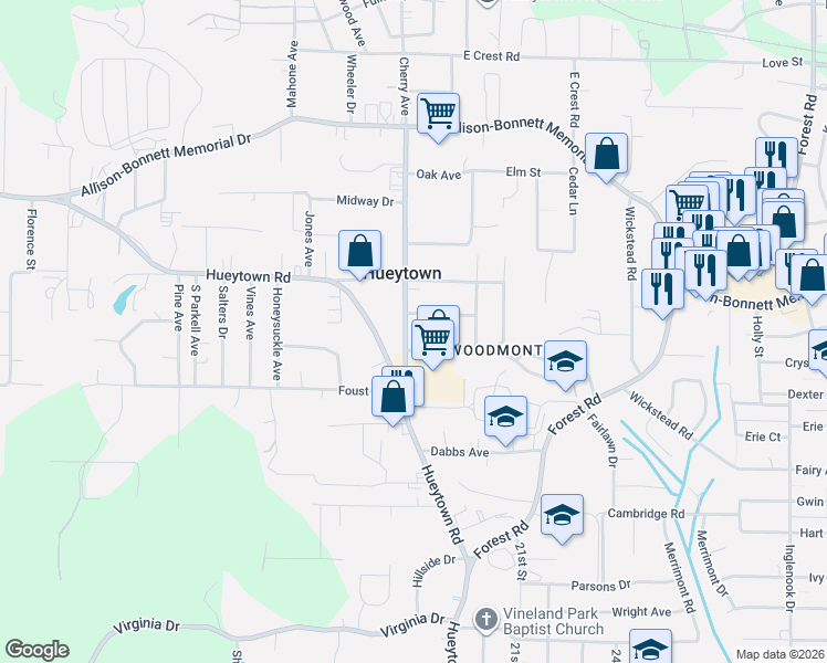 map of restaurants, bars, coffee shops, grocery stores, and more near 110 Edgewood Drive in Hueytown