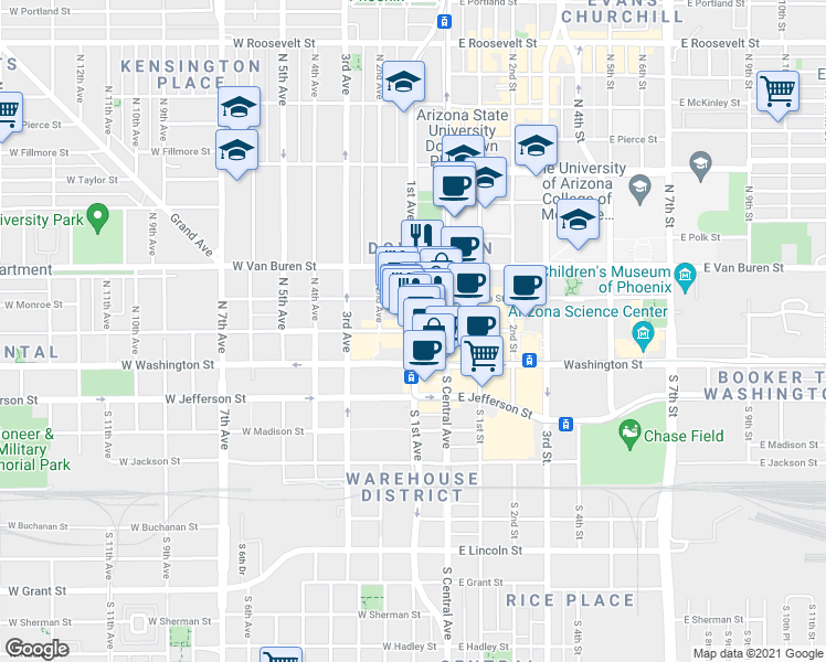 map of restaurants, bars, coffee shops, grocery stores, and more near W Adams St & N 1st Ave in Phoenix