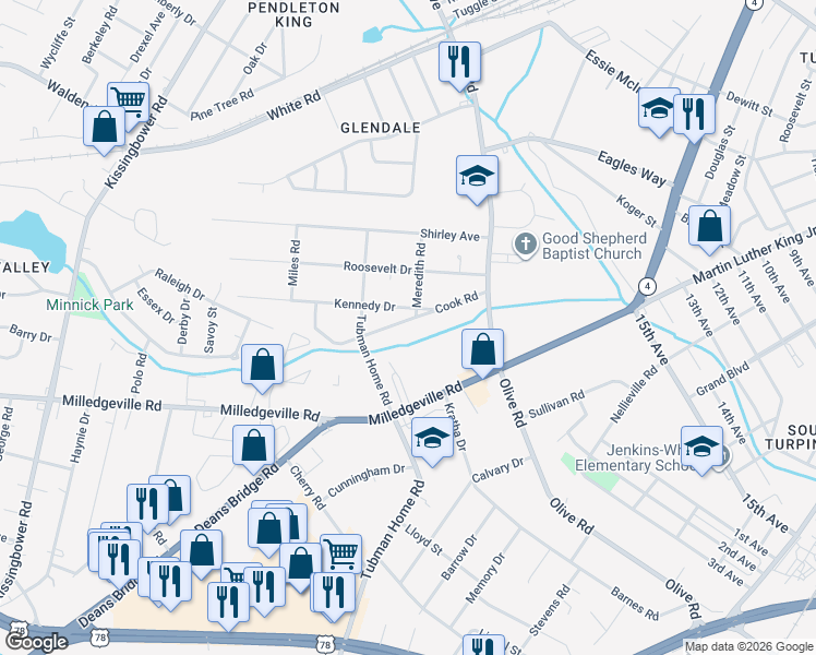 map of restaurants, bars, coffee shops, grocery stores, and more near 2023 Kennedy Drive in Augusta