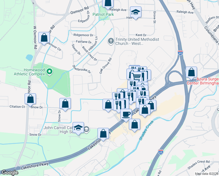 map of restaurants, bars, coffee shops, grocery stores, and more near 1983 Glen Cove in Birmingham
