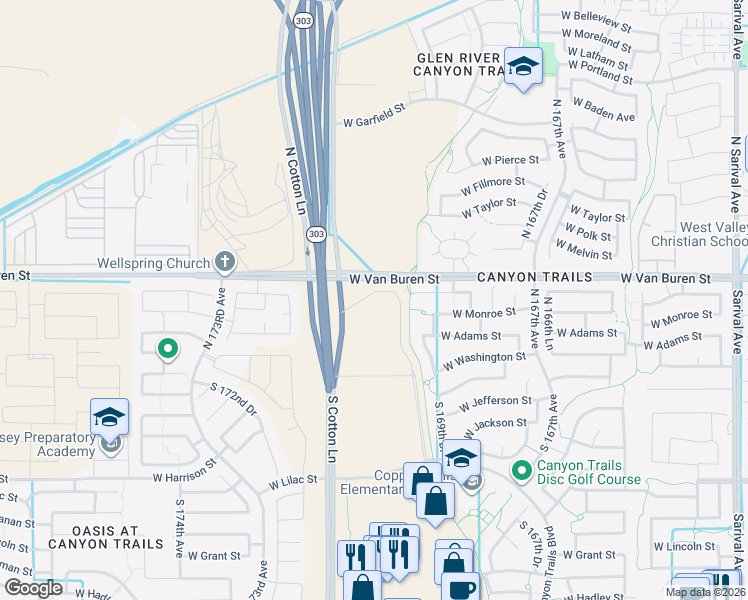 map of restaurants, bars, coffee shops, grocery stores, and more near 16965 West Van Buren Street in Goodyear