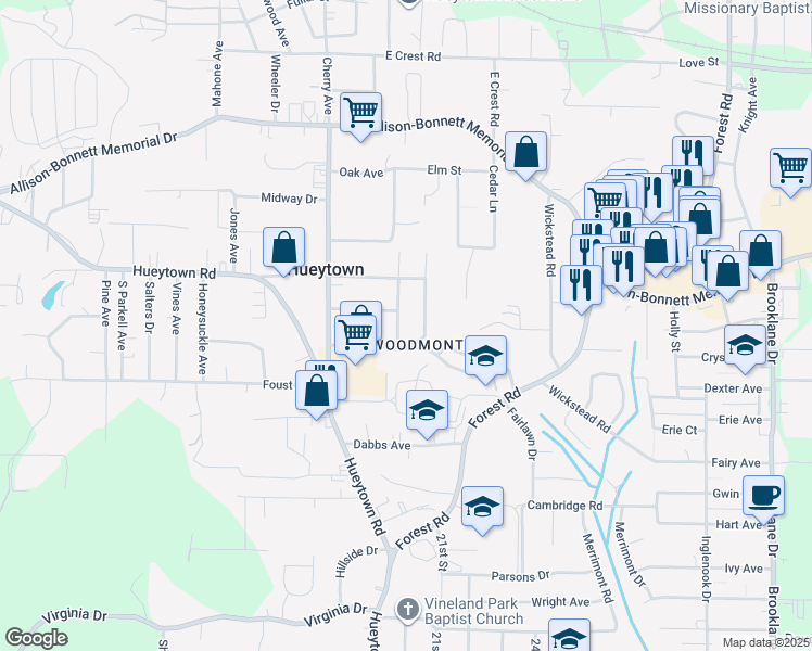 map of restaurants, bars, coffee shops, grocery stores, and more near 218 Ridgeway Road in Hueytown