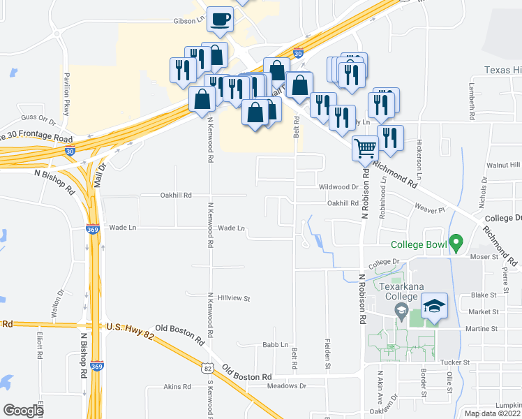 map of restaurants, bars, coffee shops, grocery stores, and more near 314 Cheyenne Place in Texarkana