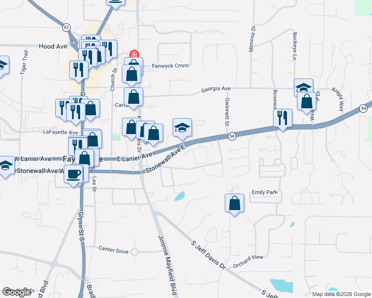 map of restaurants, bars, coffee shops, grocery stores, and more near 445 East Lanier Avenue in Fayetteville