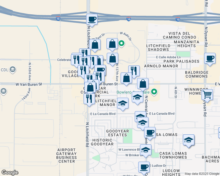 map of restaurants, bars, coffee shops, grocery stores, and more near 13740 West Van Buren Street in Goodyear