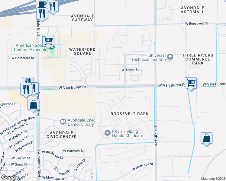 map of restaurants, bars, coffee shops, grocery stores, and more near 10910 West Woodland Avenue in Avondale