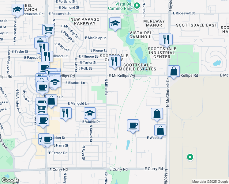 map of restaurants, bars, coffee shops, grocery stores, and more near 7601 East McKellips Road in Scottsdale