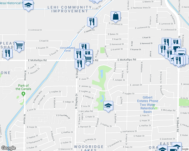 map of restaurants, bars, coffee shops, grocery stores, and more near 1335 East June Street in Mesa