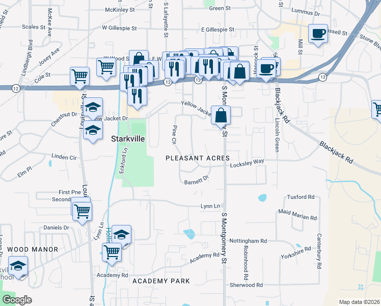 map of restaurants, bars, coffee shops, grocery stores, and more near 900 Howard Road in Starkville