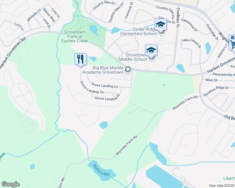 map of restaurants, bars, coffee shops, grocery stores, and more near 2155 Grove Landing Circle in Grovetown