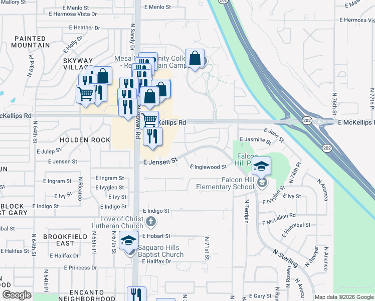 map of restaurants, bars, coffee shops, grocery stores, and more near 7006 East Jensen Street in Mesa