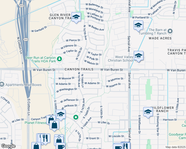 map of restaurants, bars, coffee shops, grocery stores, and more near 16610 West Woodlands Avenue in Goodyear