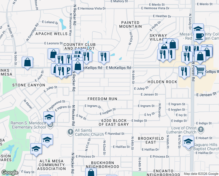 map of restaurants, bars, coffee shops, grocery stores, and more near 6209 East McKellips Road in Mesa