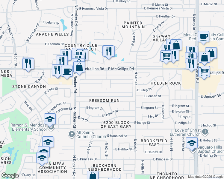 map of restaurants, bars, coffee shops, grocery stores, and more near 6209 East McKellips Road in Mesa