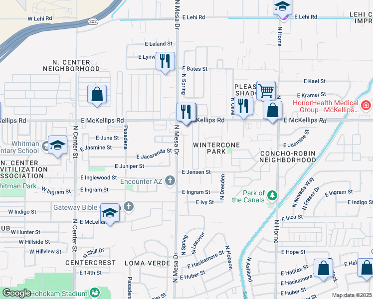 map of restaurants, bars, coffee shops, grocery stores, and more near 1926 North Spring in Mesa