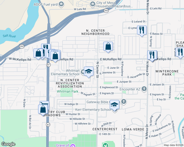 map of restaurants, bars, coffee shops, grocery stores, and more near 44 West June Street in Mesa