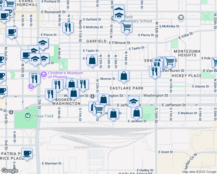 map of restaurants, bars, coffee shops, grocery stores, and more near 1237 East Monroe Street in Phoenix