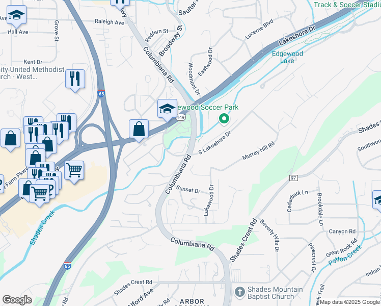 map of restaurants, bars, coffee shops, grocery stores, and more near 1301 Columbiana Road in Homewood