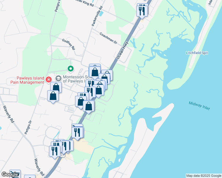 map of restaurants, bars, coffee shops, grocery stores, and more near 96 Grackle Lane in Pawleys Island