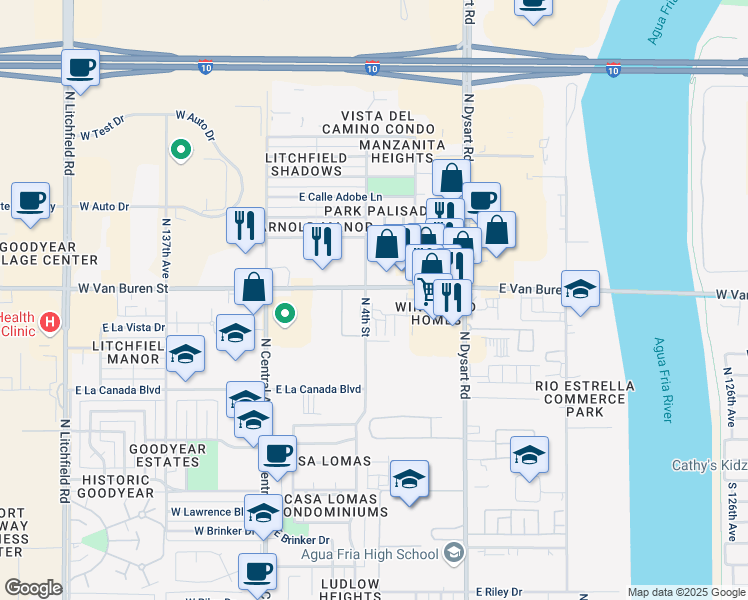 map of restaurants, bars, coffee shops, grocery stores, and more near 503 East Van Buren Street in Avondale