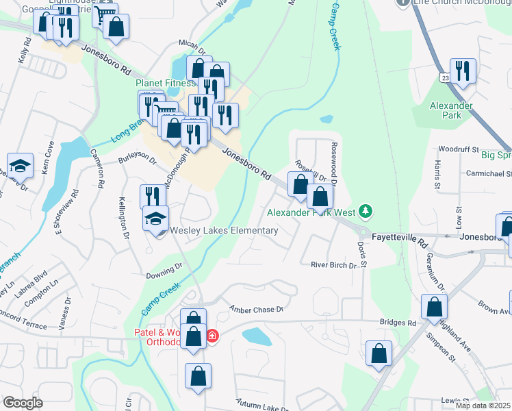 map of restaurants, bars, coffee shops, grocery stores, and more near 651 Beaver Run Trce in McDonough
