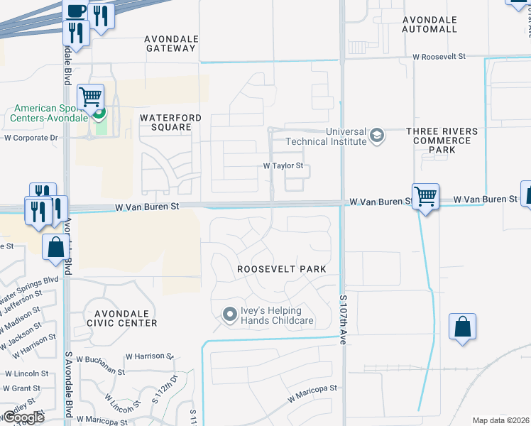 map of restaurants, bars, coffee shops, grocery stores, and more near 10854 West Woodland Avenue in Avondale