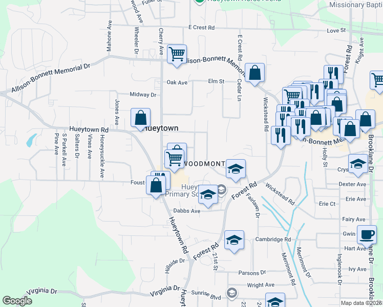 map of restaurants, bars, coffee shops, grocery stores, and more near 210 Ridgeway Road in Hueytown