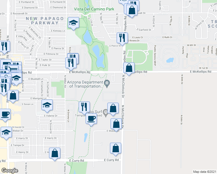 map of restaurants, bars, coffee shops, grocery stores, and more near 1701 East Larkspur Lane in Tempe