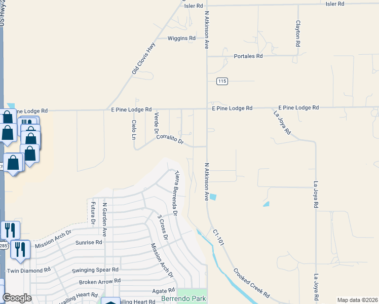 map of restaurants, bars, coffee shops, grocery stores, and more near 1100 Corralito Drive in Roswell