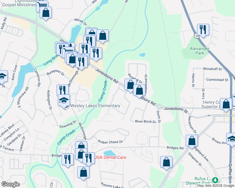 map of restaurants, bars, coffee shops, grocery stores, and more near 647 Beaver Run Trce in McDonough