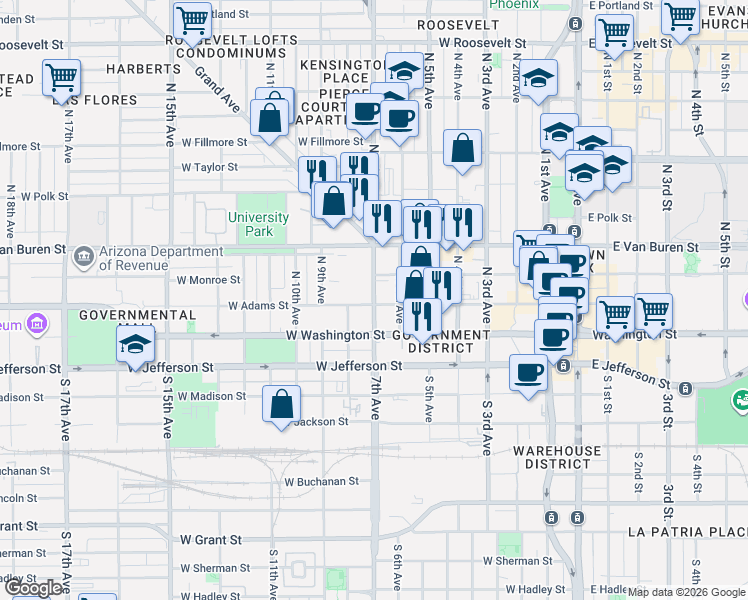 map of restaurants, bars, coffee shops, grocery stores, and more near 114 North 7th Avenue in Phoenix