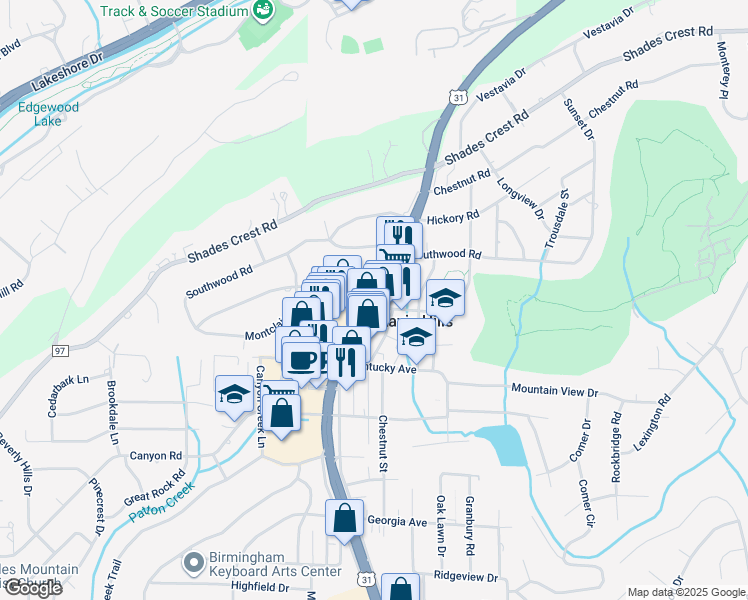 map of restaurants, bars, coffee shops, grocery stores, and more near 557 Montgomery Highway in Vestavia Hills